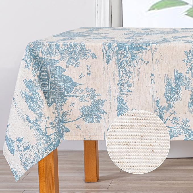 MYSKY HOME Linen Vintage Rectangle Tablecloth 60x120 Inches, Blue Castle Print Table Cloth for Dining Table I Tabletop I Parties/Outdoor I Spring/Summer Waterproof Fabric Farmhouse Tablecloth