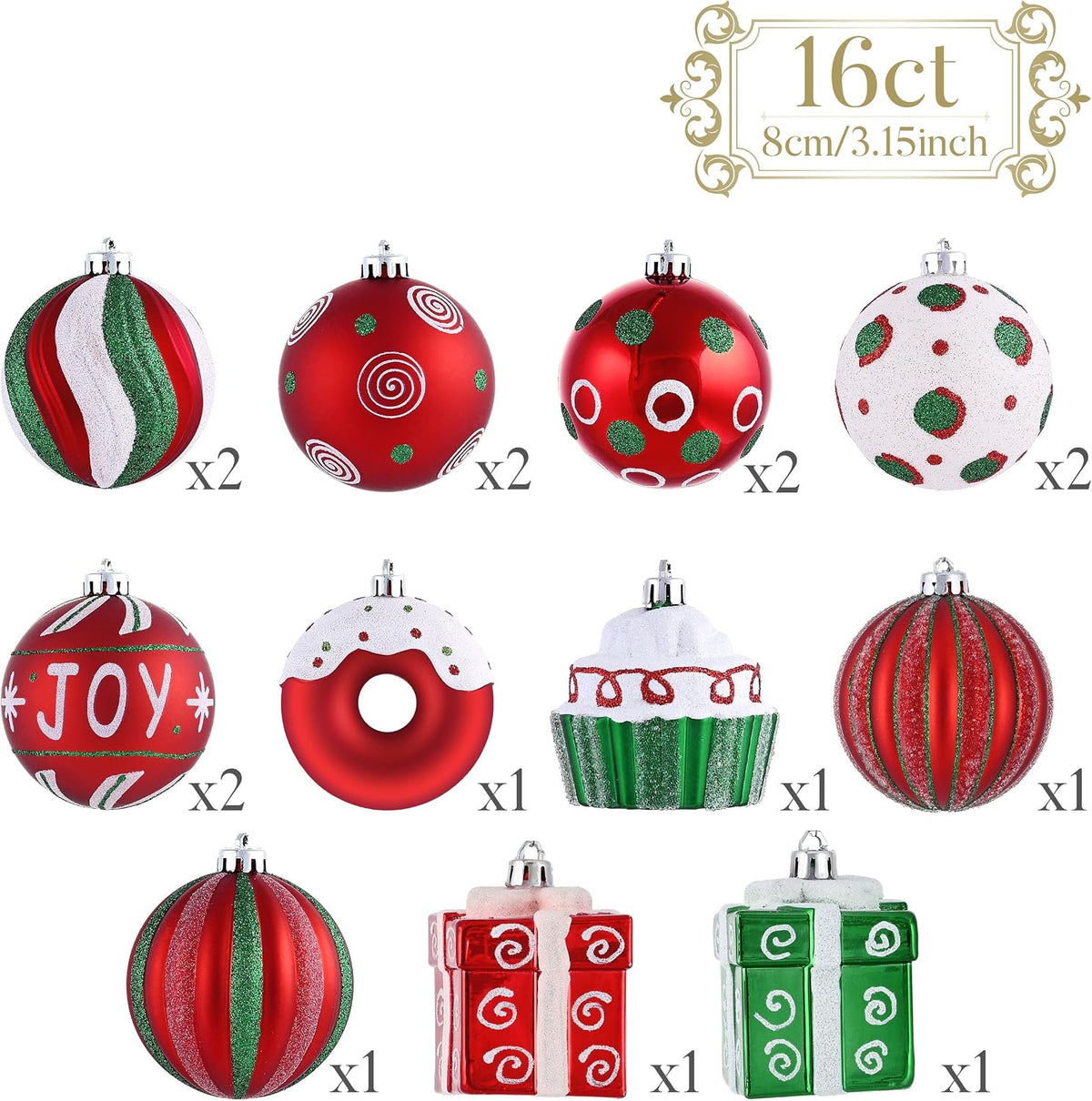 Valery Madelyn Large Christmas Tree Ornaments Set, 16ct Candy Cane Red Green White Shatterproof Christmas Tree Decorations Bulk, 3.15 Inch Decorative Hanging Ball Ornament for Xmas Trees Holiday Decor