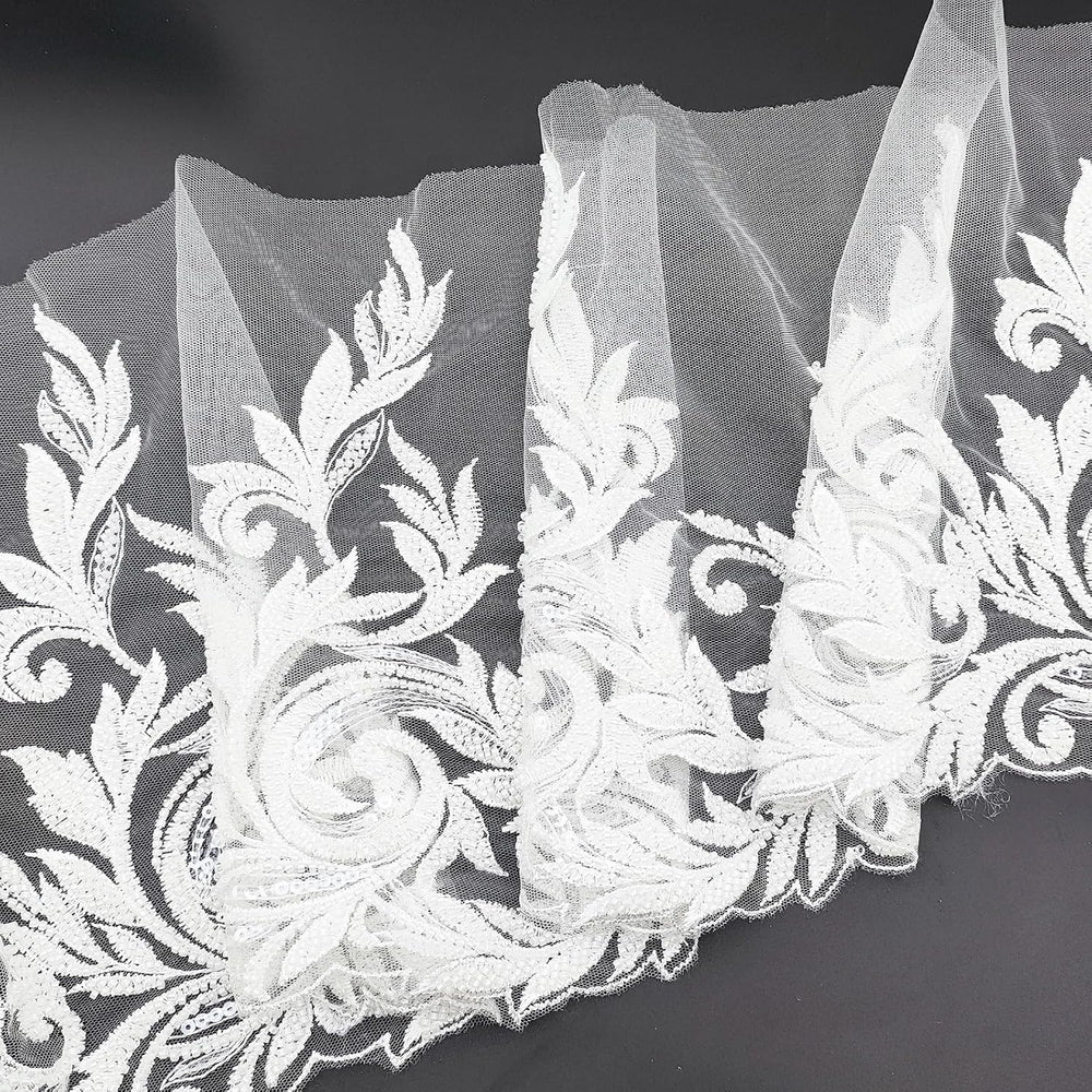 1 Yards White 3D Lace Applique, Sew on Sequin Bead Fabric Lace Patches Embroi...