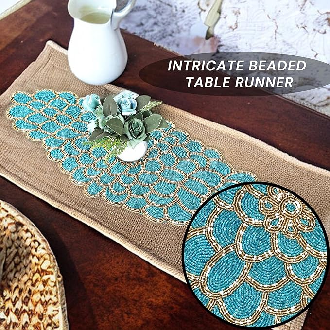 Beaded Table Runner 13 x 36 Inches - Handmade Decorative Dining Table Centerpiece with Glass Beads & Polyester Back, Elegant Runner for Weddings, Parties & Holiday Décor (Blue & Gold) - CLEENTABLE