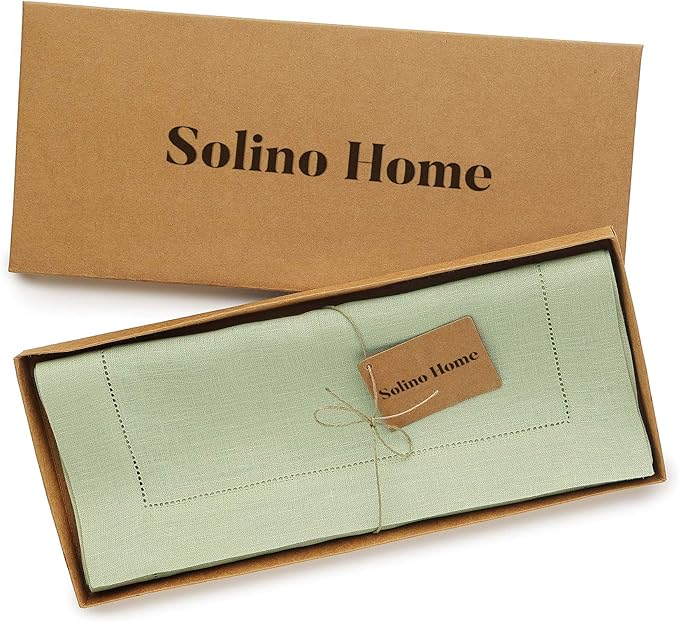 Solino Home Linen Sage Green Table Runner 144 Inches Long - 100% Pure Linen Extra Long Table Runner 14 x 144 Inch for Fall, Autumn, Thanksgiving - Classic Hemstitch