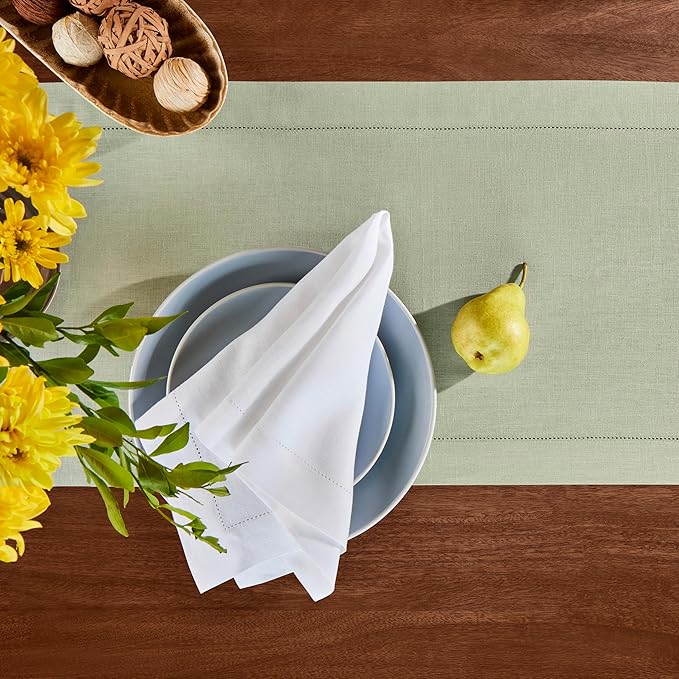 Linen Table Runner 90 inches Long – 100% Pure Linen Sage Green Hemstitch Table Runner 14 x 90 Inch for Dining, Spring, Summer, Wedding Decorations, Gift – Elara