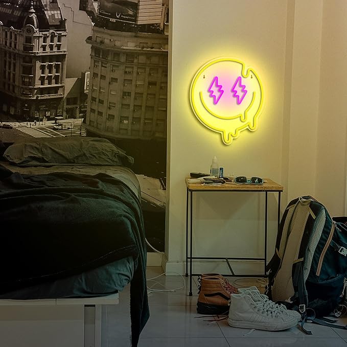 Melting Smile Face Neon Sign Dimmable Melted Smiling Face Neon Signs for Wall Decor Neon Smile Light Signs for Kids Room Party Bedroom Wall Art Decor USB Powered Holiday Gift