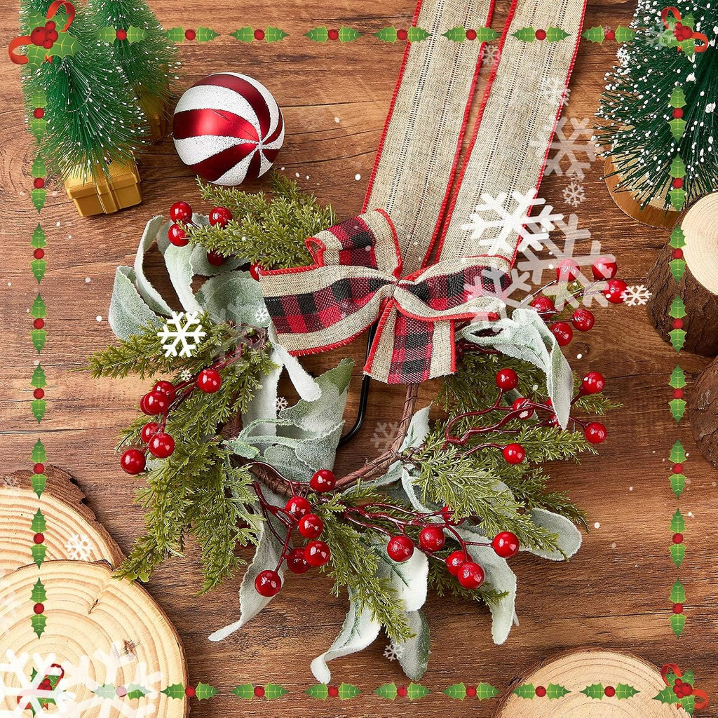 9.8" small red black christmas wreath with ribbon shown in use