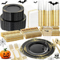 Nervure 350PCS Black Plastic Plates - Black Plastic Dinnerware Sets for 50 Guests - 100 Disposable Plates, 150 Gold Silverware, 50 Cups, 50 Napkins for Wedding & Party & Halloween