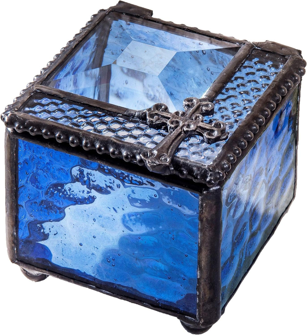 J Devlin Blue Glass Cross Keepsake Box, Rosary and Jewelry Storage