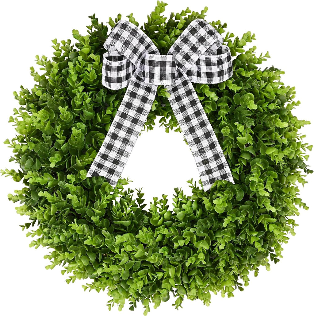 Vlorart 24" Large Boxwood Wreath for Front Door, Artificial Greenery Wreath with Plaid Bow, Full Lush Spring Summer Farmhouse Wall, Window & Wedding Decor