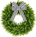 Vlorart 24" Large Boxwood Wreath for Front Door, Artificial Greenery Wreath with Plaid Bow, Full Lush Spring Summer Farmhouse Wall, Window & Wedding Decor