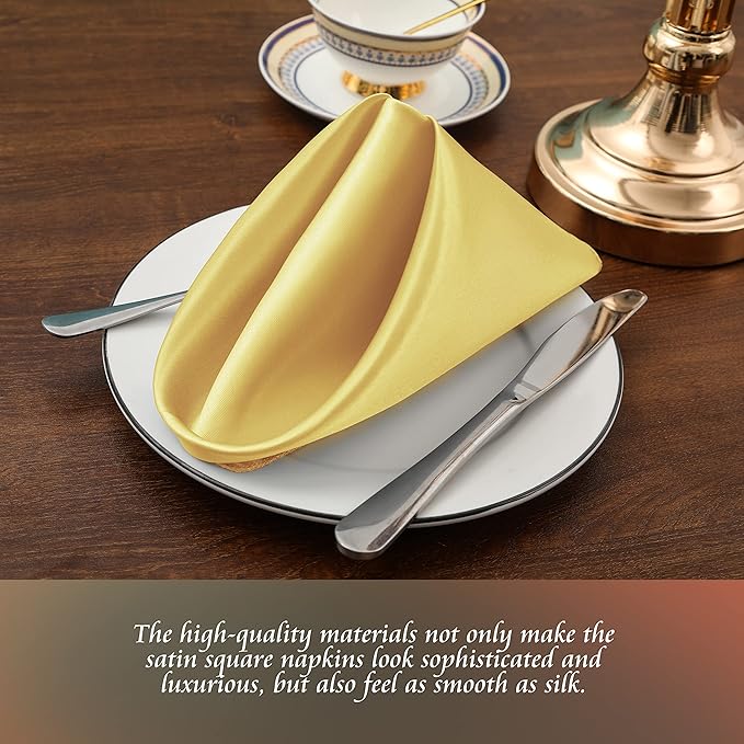 Manyshofu 50 Pieces Yellow Gold Satin Napkins - 12x12 Inches Cloth Napkins, Square Satin Fabric Napkin Set - Soft & Smooth Table Napkins for Wedding Dinner Party Lunch Banquet Restaurant Decoration