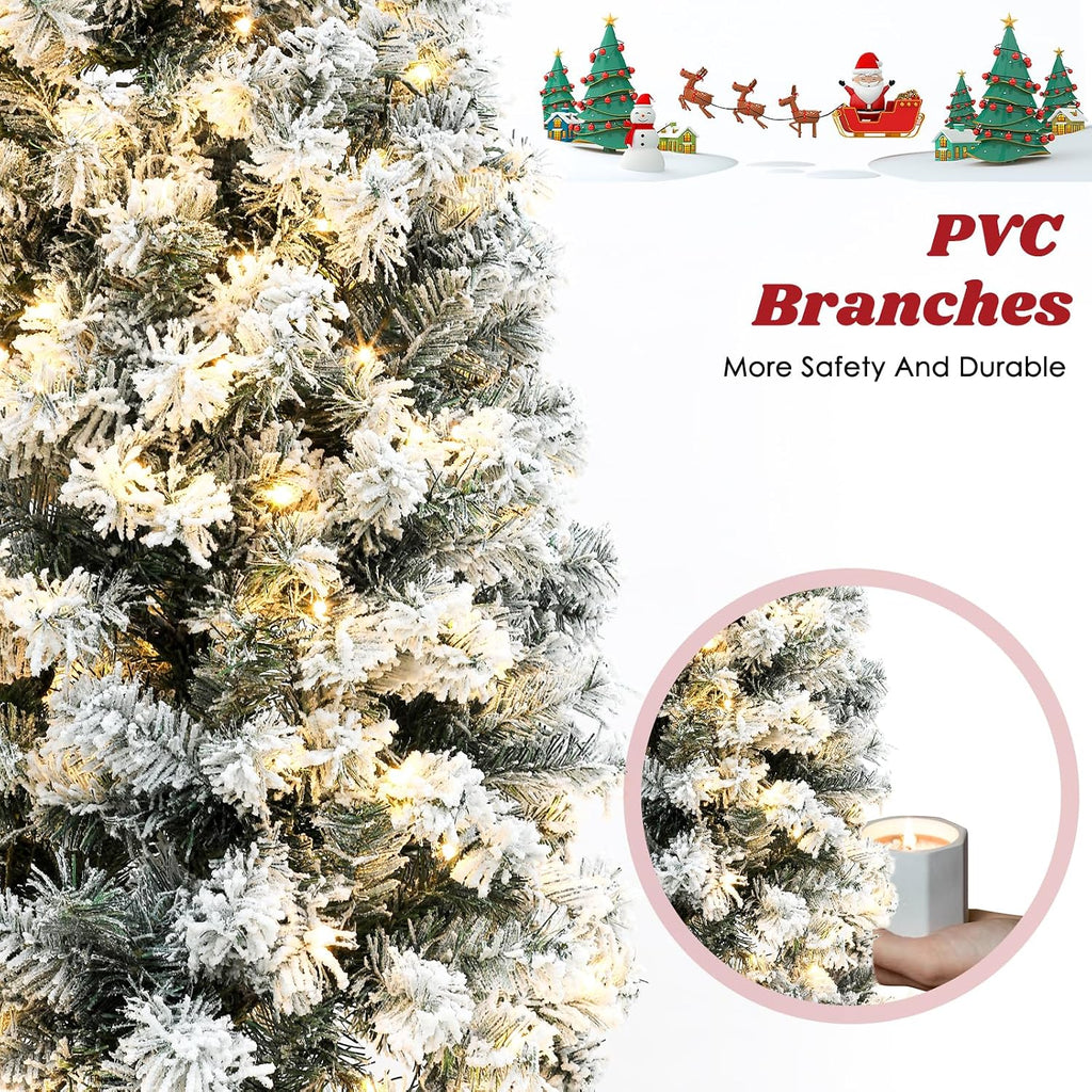 Okicoler Pre-Lit Snow Flocked Artificial Holiday Pencil Slim Christmas Tree with Warm Lights and Metal Base Stand for Home, Office, Party Decoration,White (6.5ft)