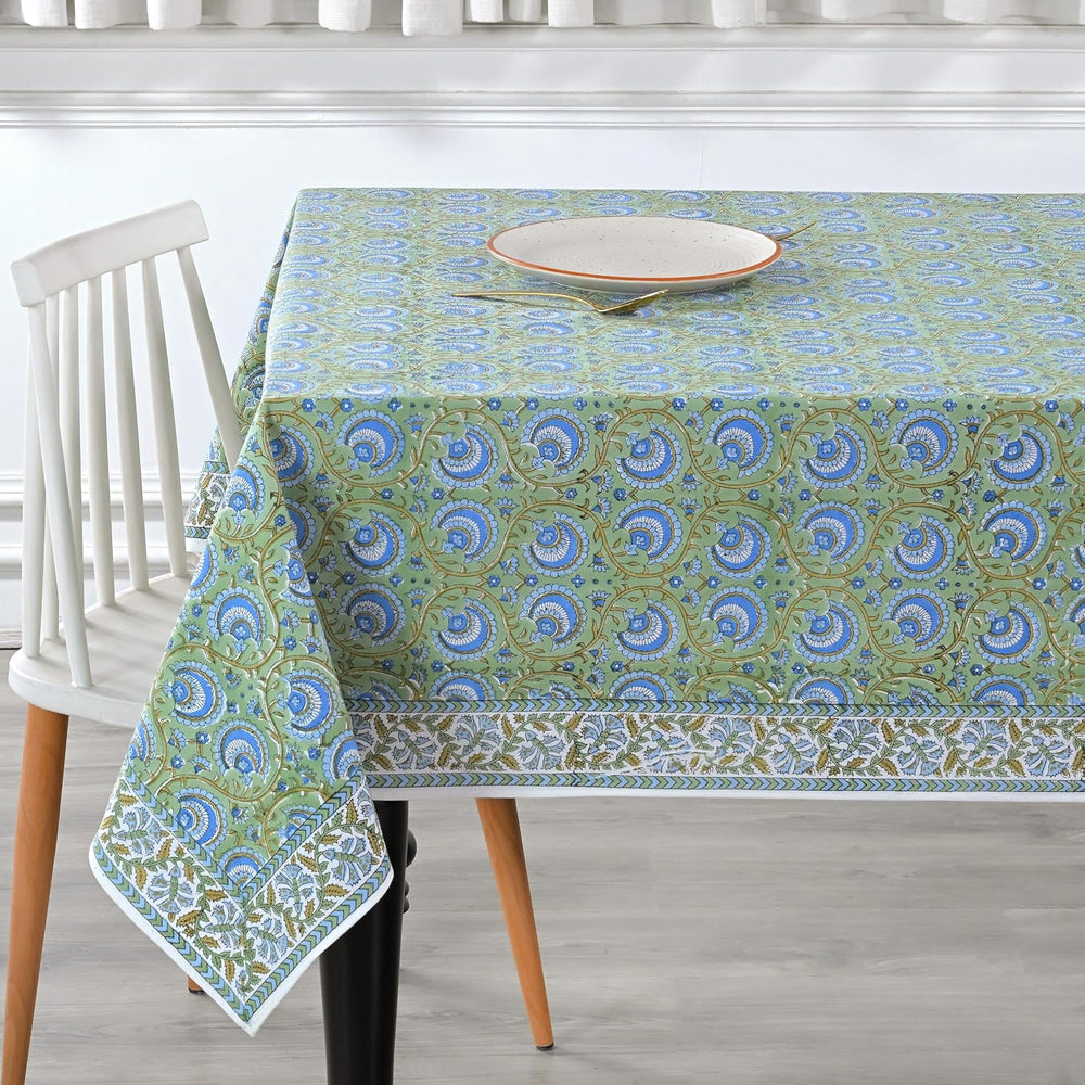 Ridhi Verdant Mist Hand Block Print Rectangle Tablecloth 90x60 Inch