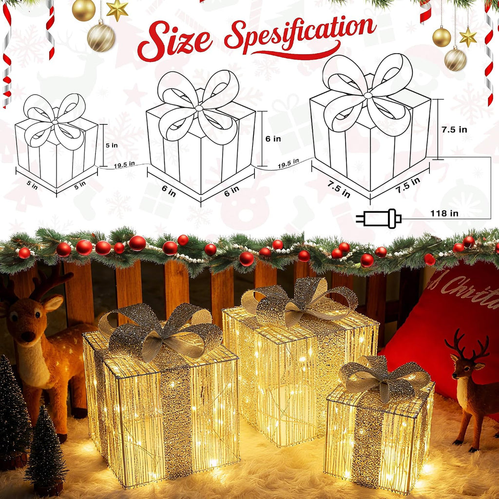 set of 3 christmas lighted gift boxes, side view