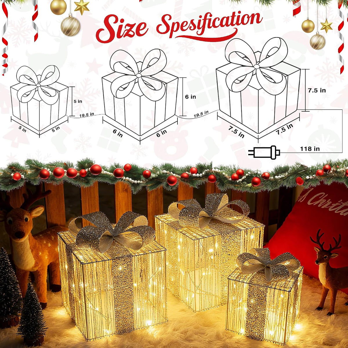 set of 3 christmas lighted gift boxes, side view