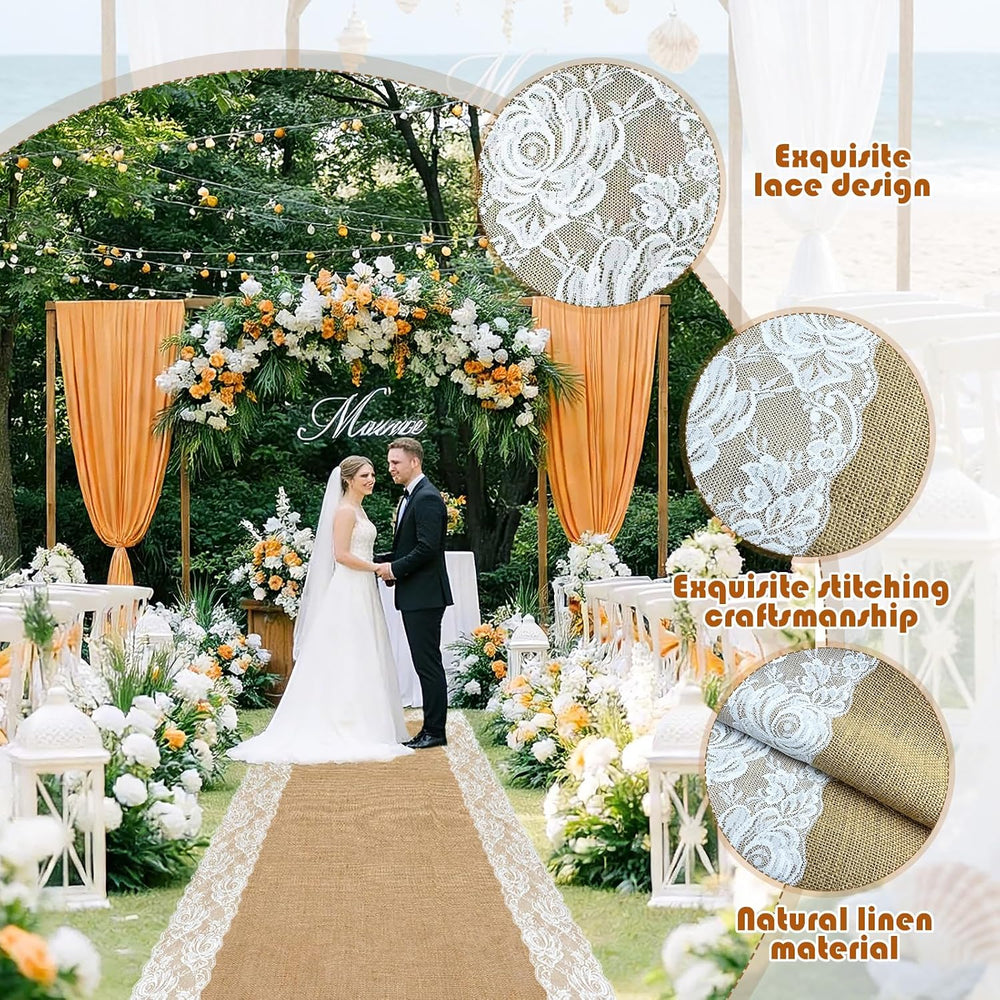 20 Ft x 40 Inch Natural Burlap Wedding Aisle Runner with Lace