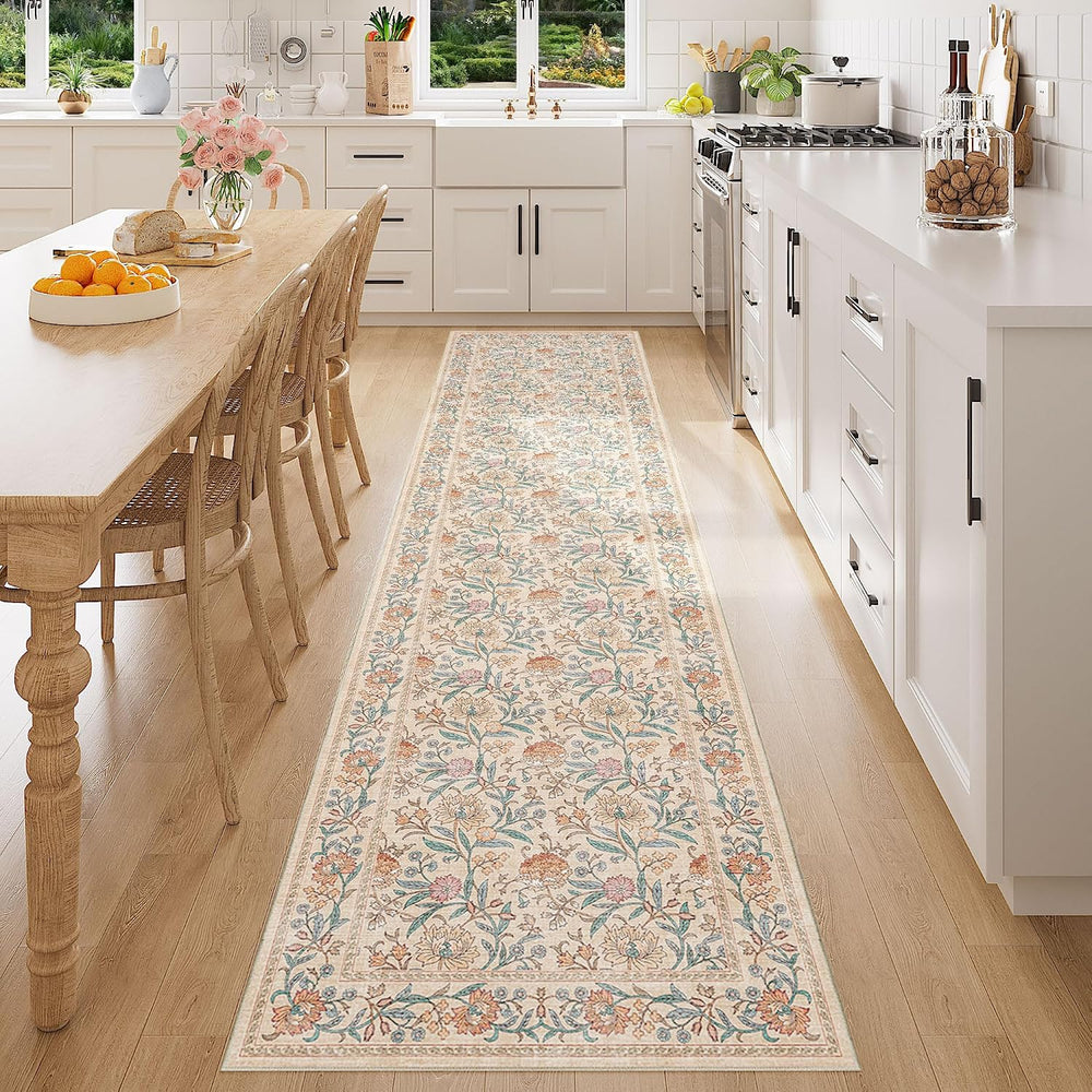 2x10 Runner Rug for Hallway, Washable Vintage Floral Rug, Beige