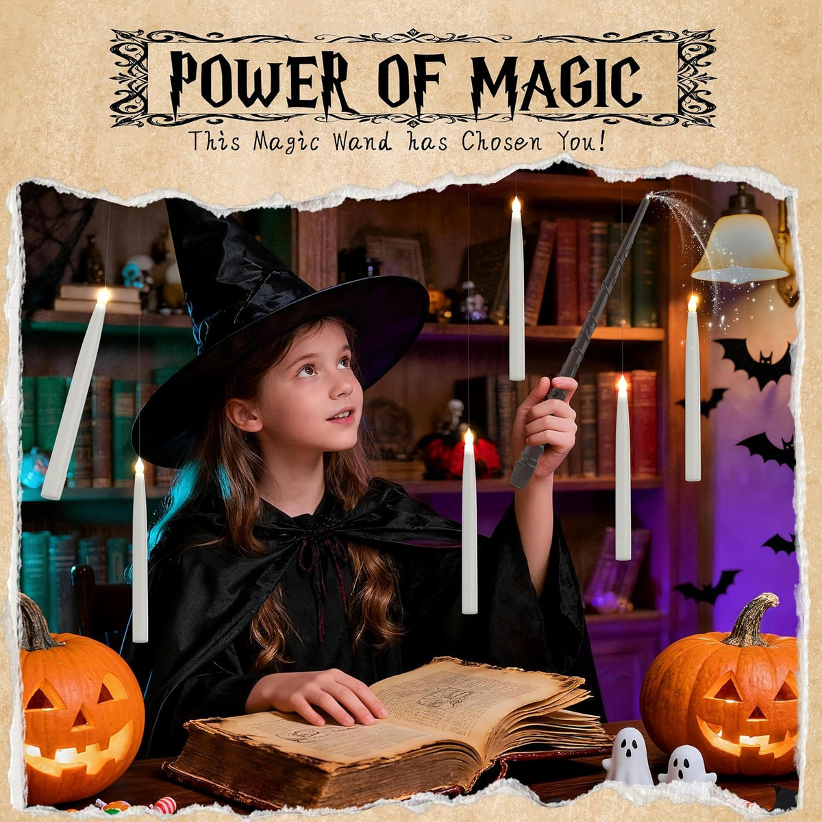 20PCS Floating Candles with Wand, Magic Hanging Candles, Flickering Warm Light Taper Flameless Floating LED Candle for Halloween Decor, Halloween Decorations for Indoor Classroom Bedroom Party