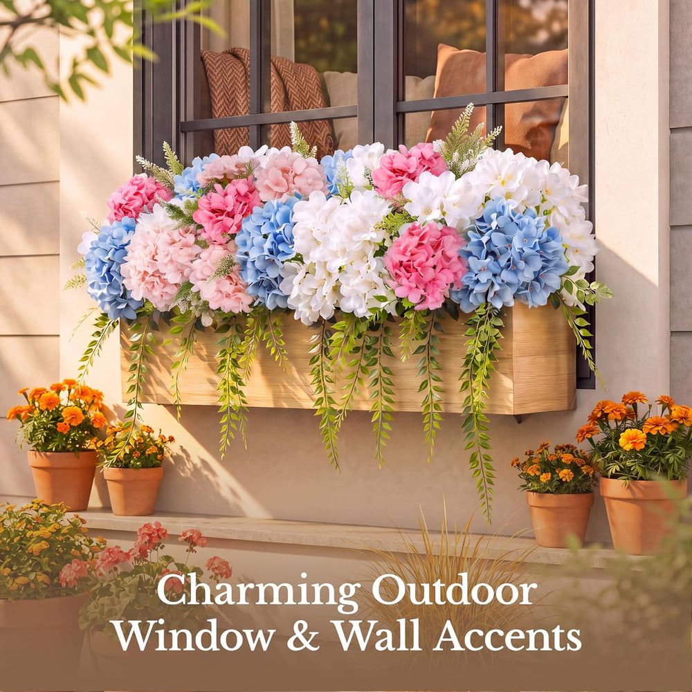 Pre-Arranged White Hydrangea Artificial Flowers with Greenery, UV Resistant