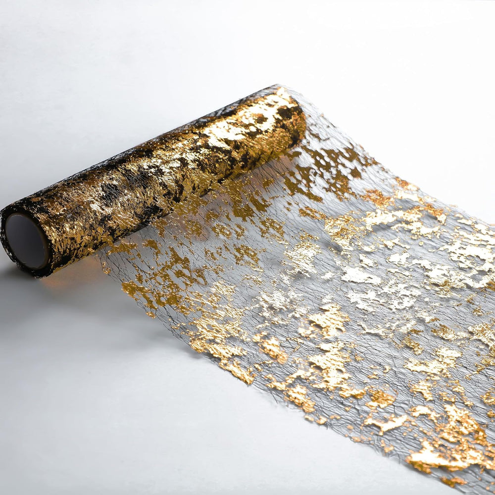 Black and Gold Table Runner, Glitter Metallic Foil Mesh Roll 100 Feet