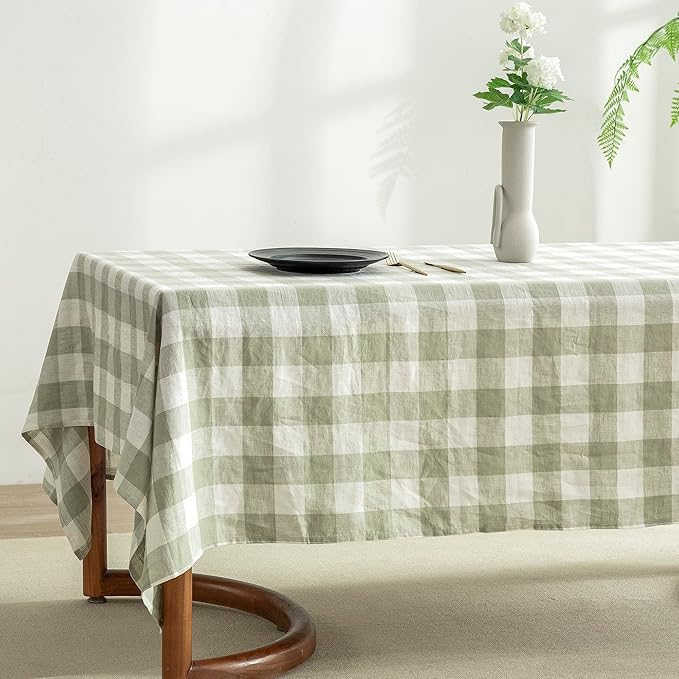 EVERLY 100% Yarn-Dyed Linen Rectangle Tablecloths 60x108Inches for Dining,Buffet Parties,Picnic,Events and Restaurants,Decorative Halloween,Thanksgiving Machine Washable Tablecloths-Sage Green Plaid
