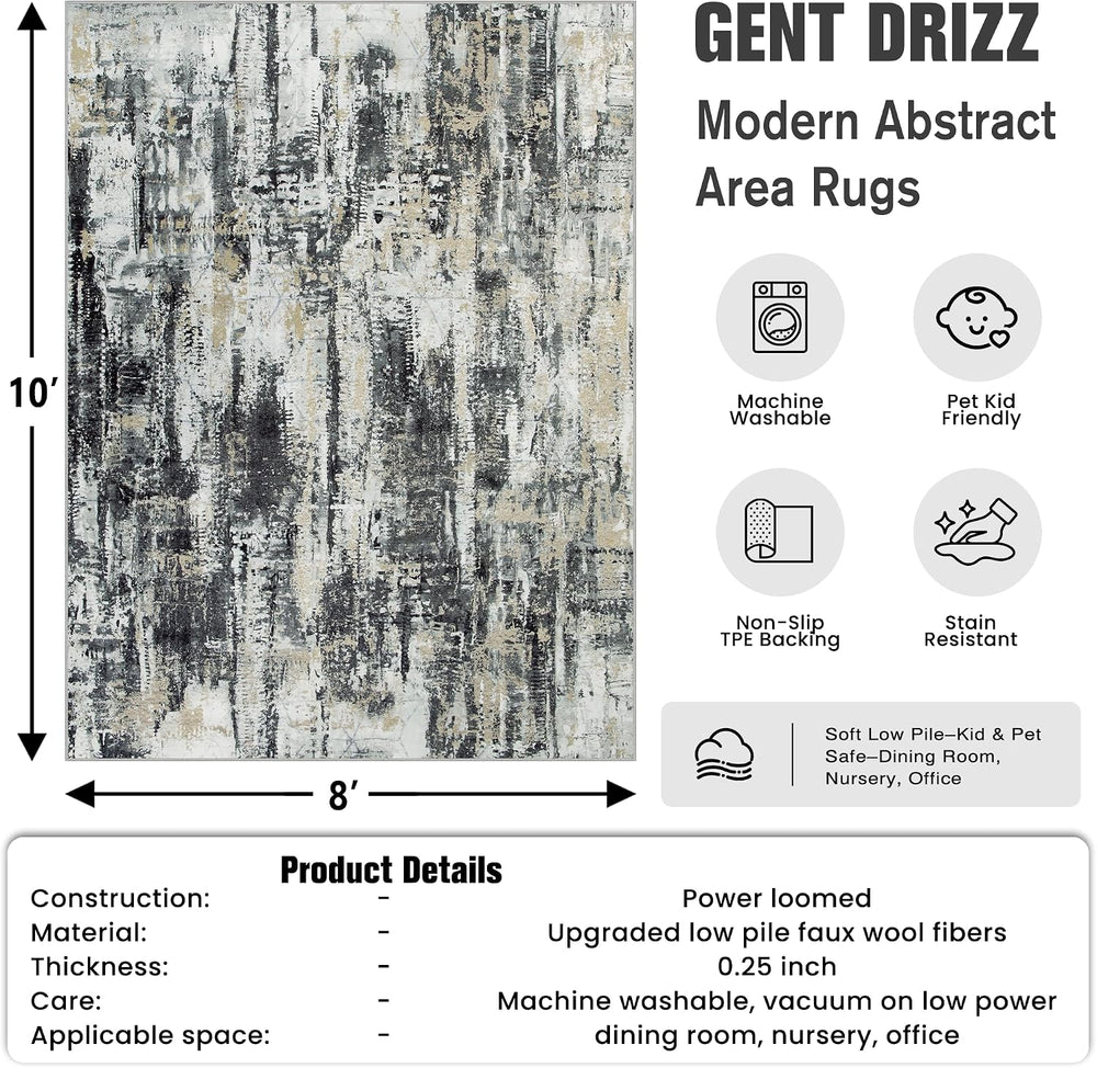 8x10 Area Rugs for Living Room: Washable Abstract Black Grey Gold Carpet