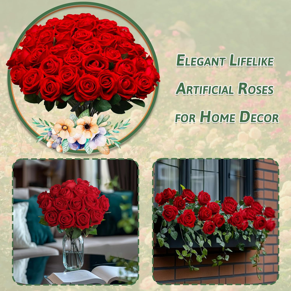 50PCS Artificial Red Roses Bulk Realistic Silk Fake Flowers with Long Stems
