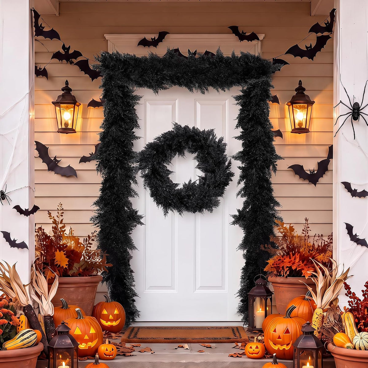 Fovths 12 Ft Pre‑Lit Black Halloween Garland, Artificial Cedar Vine Decor