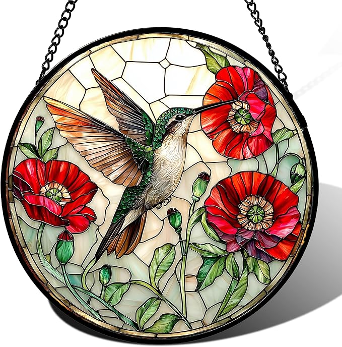 Stained Glass Window Hanging - Green Hummingbird Red Flower Suncatcher for Door Terrace Garden Home Decor Bird Landscape Sun Catcher Birthday Gifts for Lovers Women Men Dad Mom Nana 11.8 in