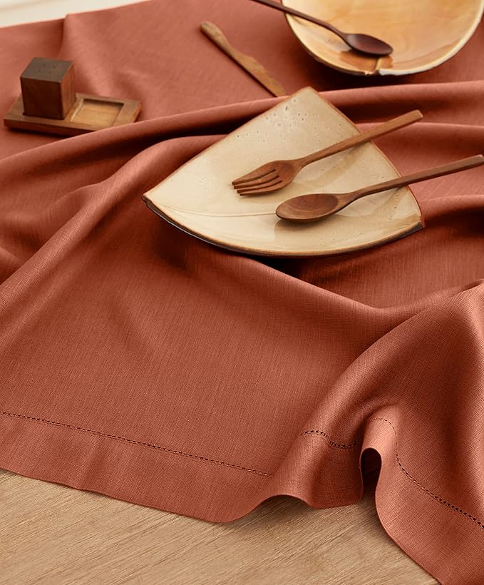 Solino Home Linen Cinnamon Tablecloth 52 x 52 Inch - 100% Pure Linen Square Table Throw - Classic Hemstitch, Machine Washable Table Cloth for Fall, Autumn, Halloween, Thanksgiving