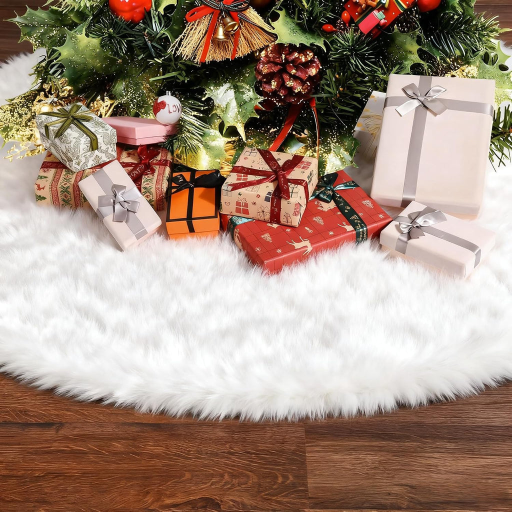 Christmas Tree Skirt 60 Inches, White Tree Skirts Xmas Faux Rabbit Fur Tree Skirts Christmas Decorations for Holiday Christmas Party Home Decorations