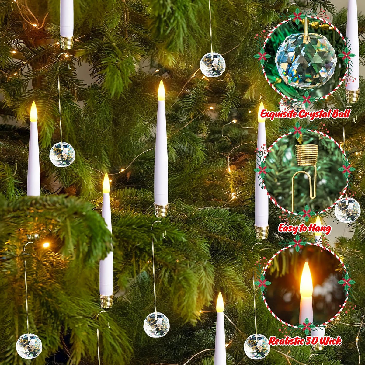 Yeelida Pack of 12 Flickering Remote 0.5" x6" LED Short Taper Candles with 12 Crystal Ball Hooks, Battery Operated Timer Window White Plastic Flameless Warm Light Candlesticks for Holiday Decor