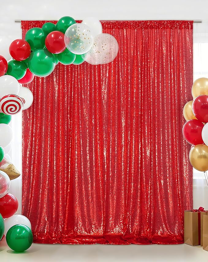 Eternal Beauty Red Sequin Backdrop, 8x10 Ft Glitter Background Curtains for Christmas Shimmer Photography Party Wedding Birthday Back Drop Decor