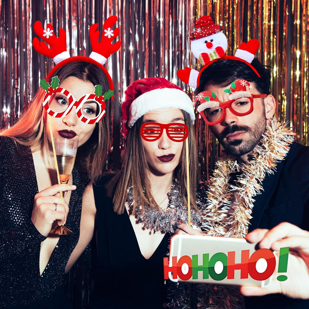 52 Pcs Christmas Photo Booth Props Kit, 20Pcs Glitter Eyeglasses Frame Hats H...