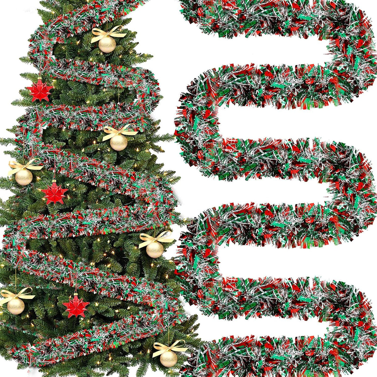 295 Feet Christmas Tinsel Garland, Red, Green, Silver