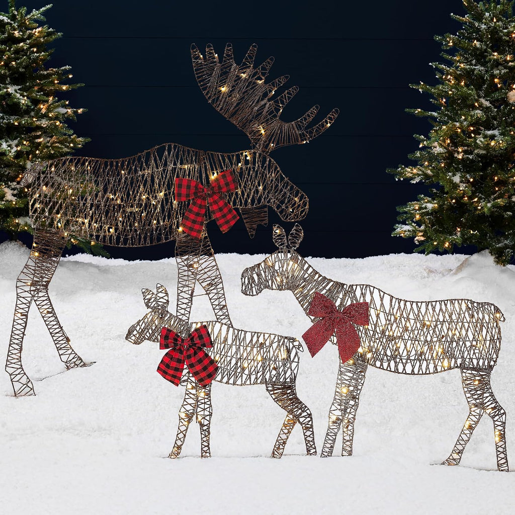 Best Choice Products 2D Moose Family Outdoor 3pc Christmas Yard Décor, 4ft Lighted Set Prelit All-Weather w/ 195 LEDs, Ground Stakes - Rattan