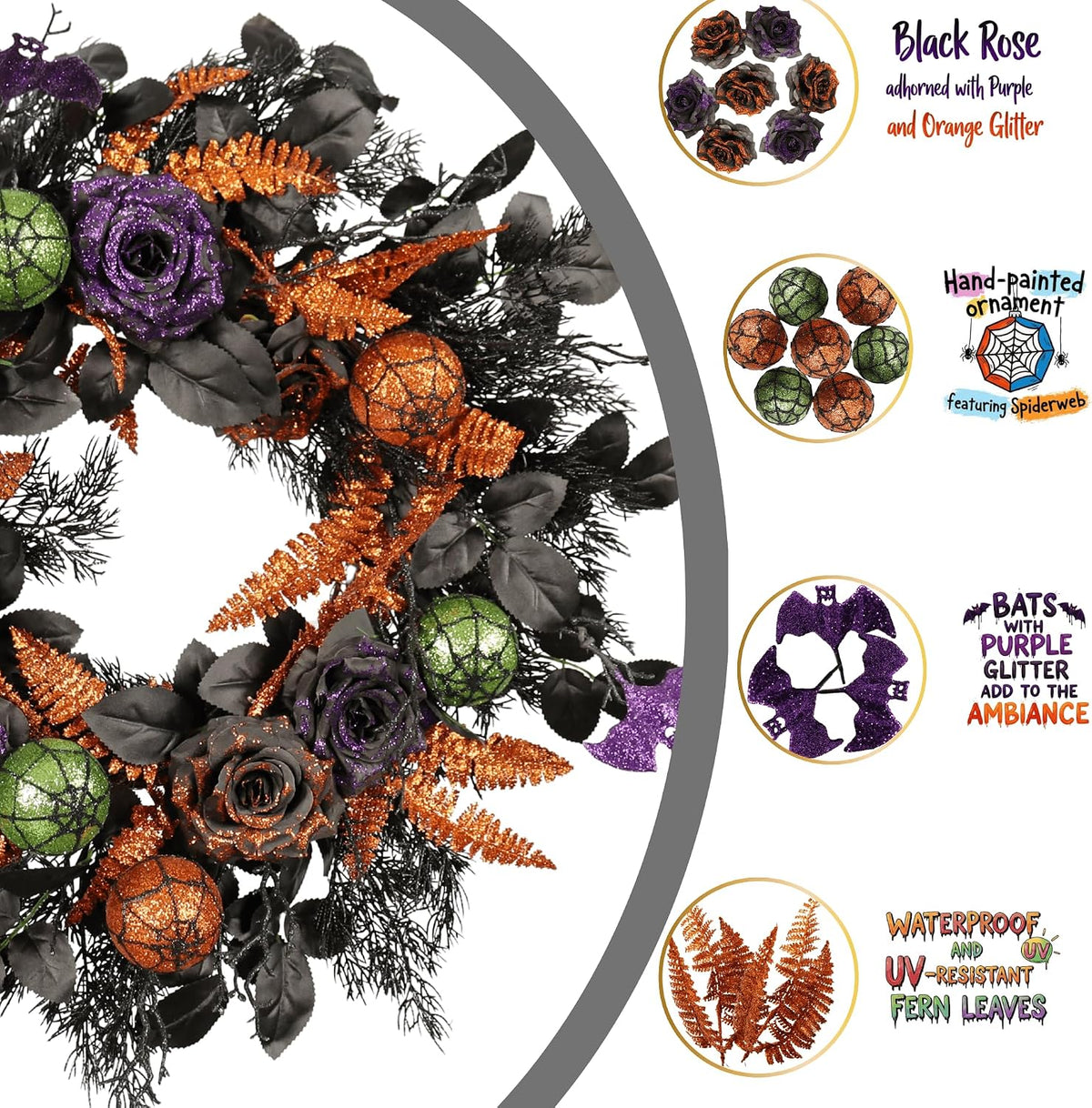22 inch halloween wreath for front door, spooky showing dimensions