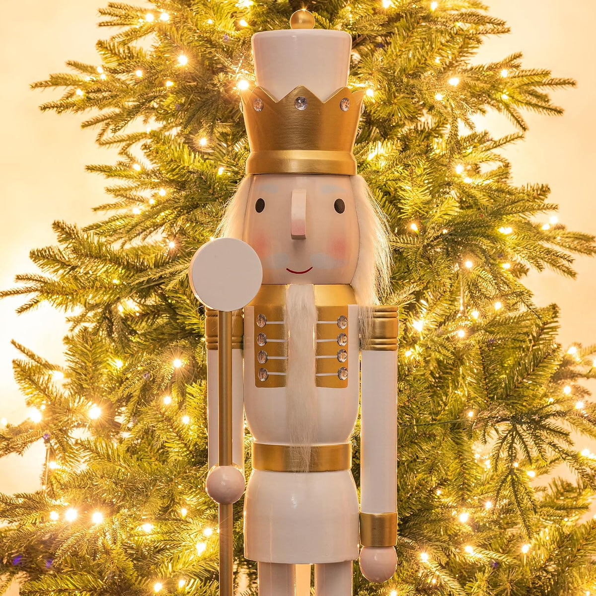 KI Store 4ft Wooden Christmas Nutcracker White and Gold Soldier Figurine Life Size Collectible Nutcracker Decorations for Christmas Decorations