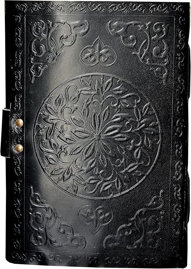 cuero 3 Moon Blue Lapiz Embossed Vintage Leather Journal for Men & Women - 140 Pages, Antique Handmade Deckle Edge Vintage Paper, Leather Journal Writing Notebook Dairy Gift (7 inch by 10 inch, Black)