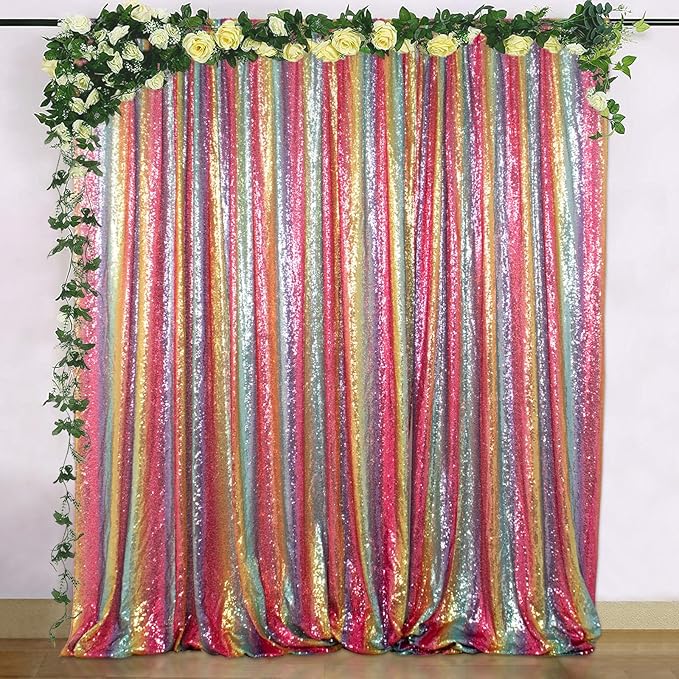 ShinyBeauty Sequin Backdrop Rainbow 10FTx10FT Fabric Curtain Shimmer Wall Backdrops for Photography Event Birthday Party Decor Backgrounds