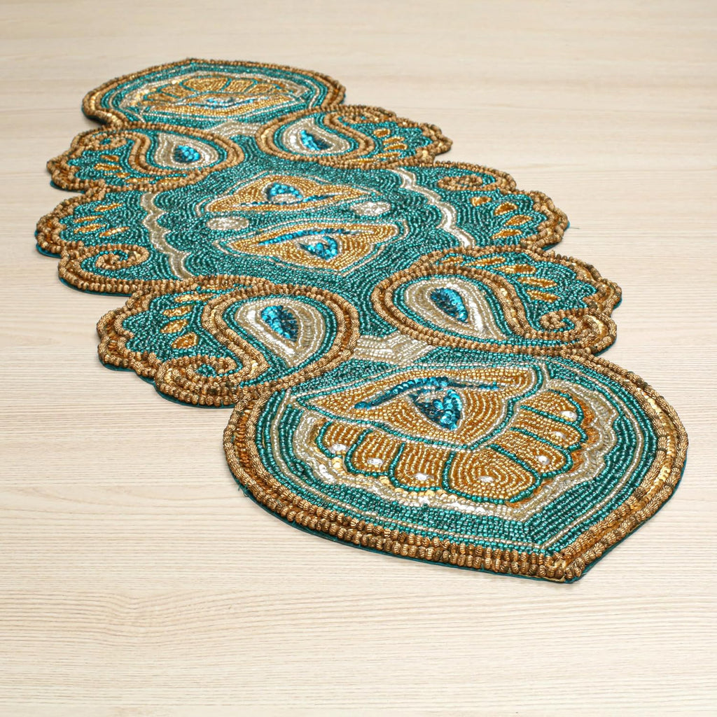 Lightnpro Beaded Christmas Table Runner 13x36 Inch - Teal Gold Paisley Design -Perfect Handmade Decorative Runner for Holiday, Thanksgiving, New Year, Winter Table Décor, Suitable Gift Every Occasion