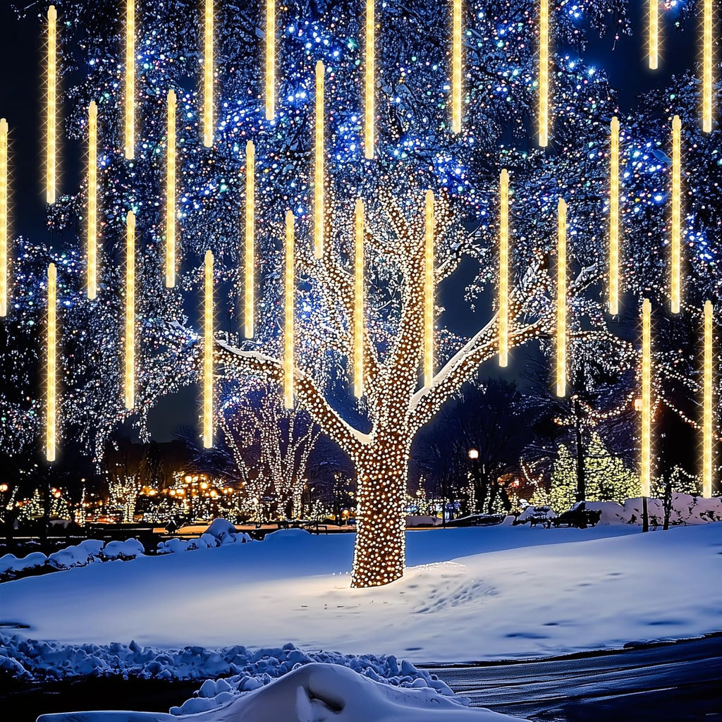 Dazzle Bright 864 LED Christmas Light, Meteor Shower Rain Lights 11.8 Inch 24 Tubes, Waterproof Plug in Falling Rain Lights Decorations for Xmas Tree Yard Party (Warm White)