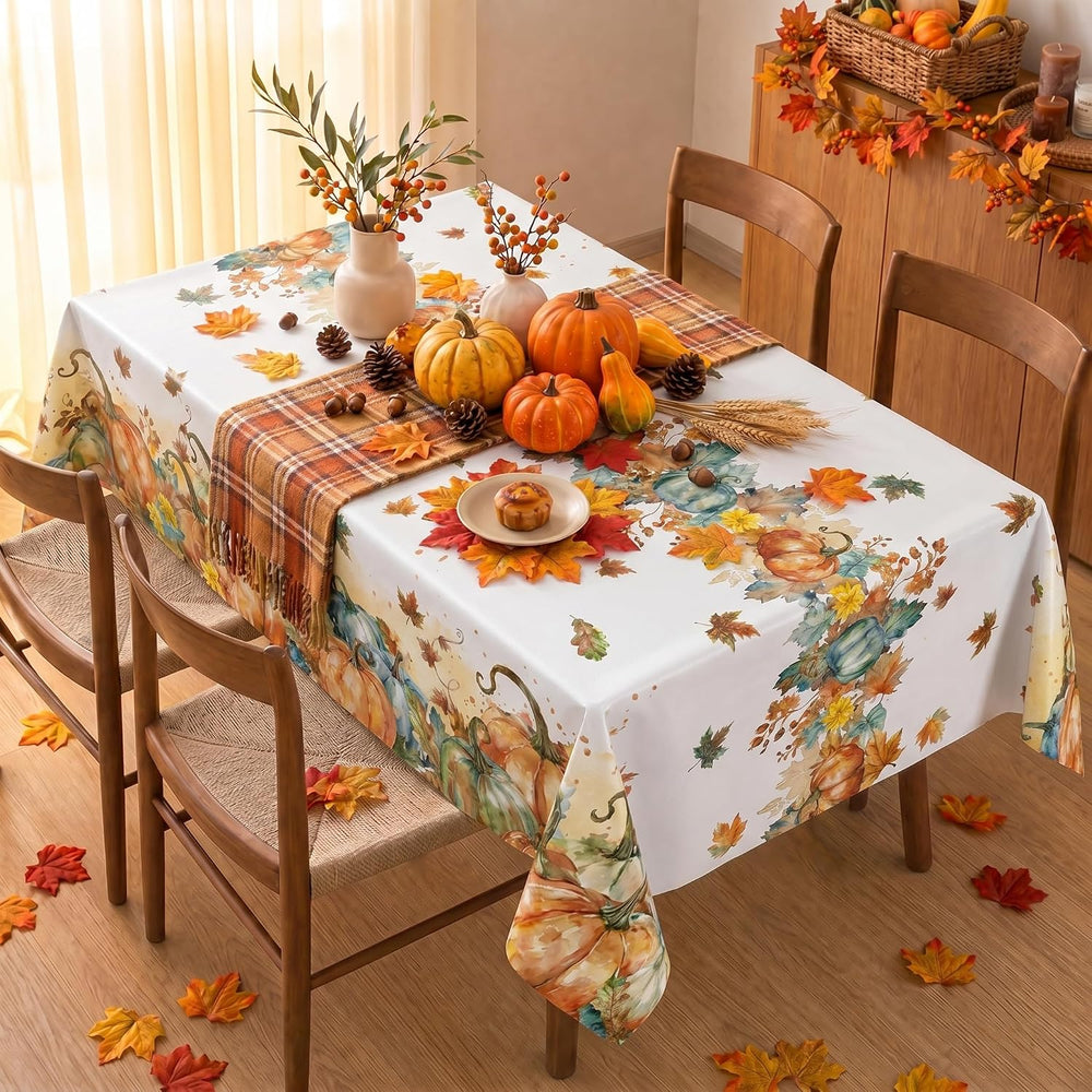 Horaldaily Vinyl Tablecloth 60×120 Inch Pumpkins Leaves Without Flannel