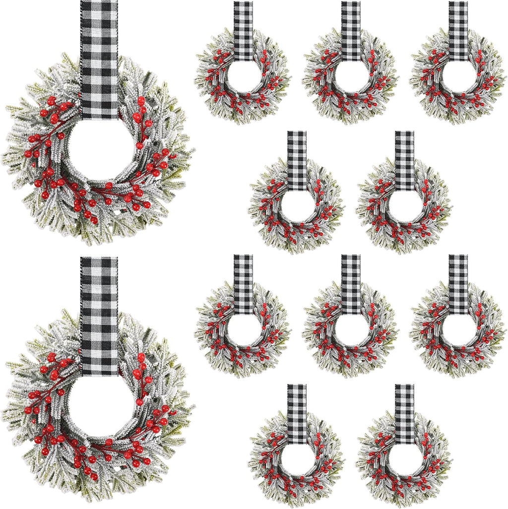 12 Pcs 9.5'' Small Christmas Kitchen Cabinet Wreaths with Adjustable Ribbon Mini Hanging Christmas Wreath Candle Rings Artificial Norfolk Pine Wreath for Door Window Wall (White & Black Plaid)