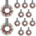 12 Pcs 9.5'' Small Christmas Kitchen Cabinet Wreaths with Adjustable Ribbon Mini Hanging Christmas Wreath Candle Rings Artificial Norfolk Pine Wreath for Door Window Wall (White & Black Plaid)