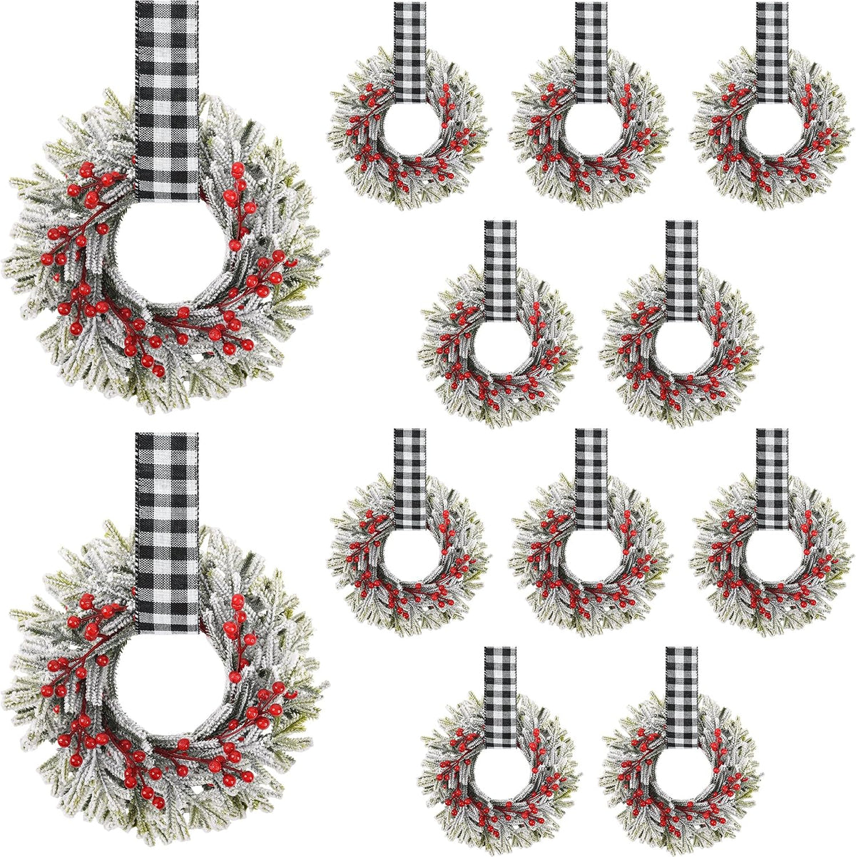 12 Pcs 9.5'' Small Christmas Kitchen Cabinet Wreaths with Adjustable Ribbon Mini Hanging Christmas Wreath Candle Rings Artificial Norfolk Pine Wreath for Door Window Wall (White & Black Plaid)