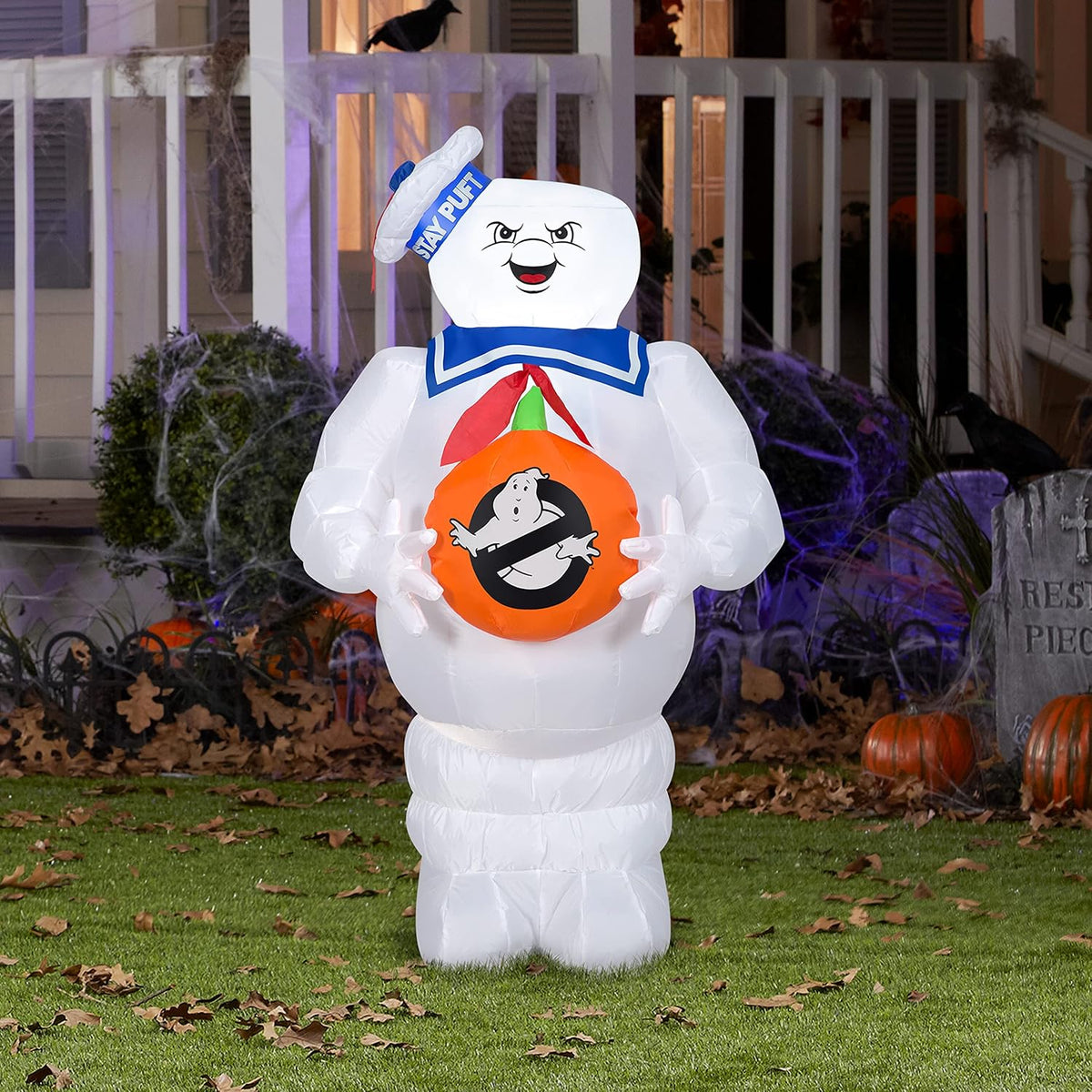 gemmy stay puft halloween inflatable, 3.5 ft tall shown in use
