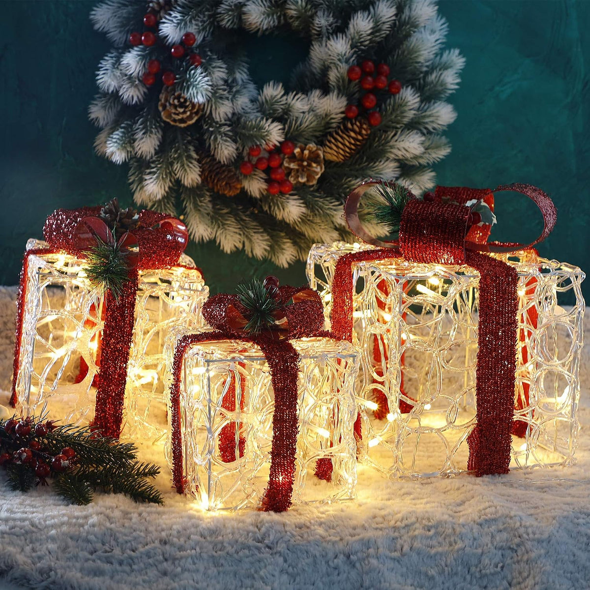 atdawn set of 3 lighted gift boxes christmas on a desk or shelf