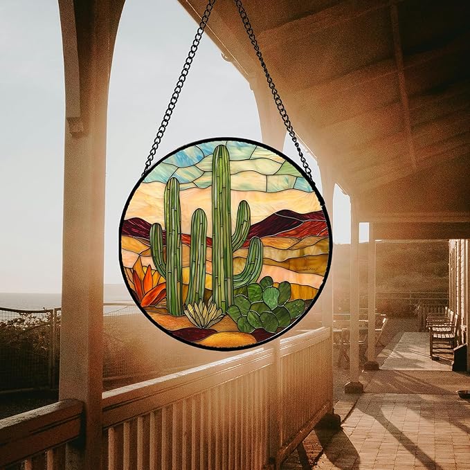 Stained Glass Window Hanging, Green Cactus Sun Catcher for Door Terrace Garden Home Decor, Abstract Desert Landscape Suncatcher Birthday Gifts for Lovers Women Men Dad Mom Nana 11.8 in