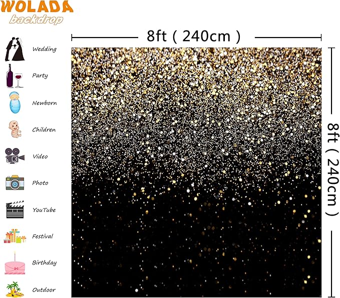 WOLADA Black and Gold Backdrop Golden Glitter Backdrop for Photography Wedding Birthday Baby Shower Party Photo Studio 8x8FT 11176