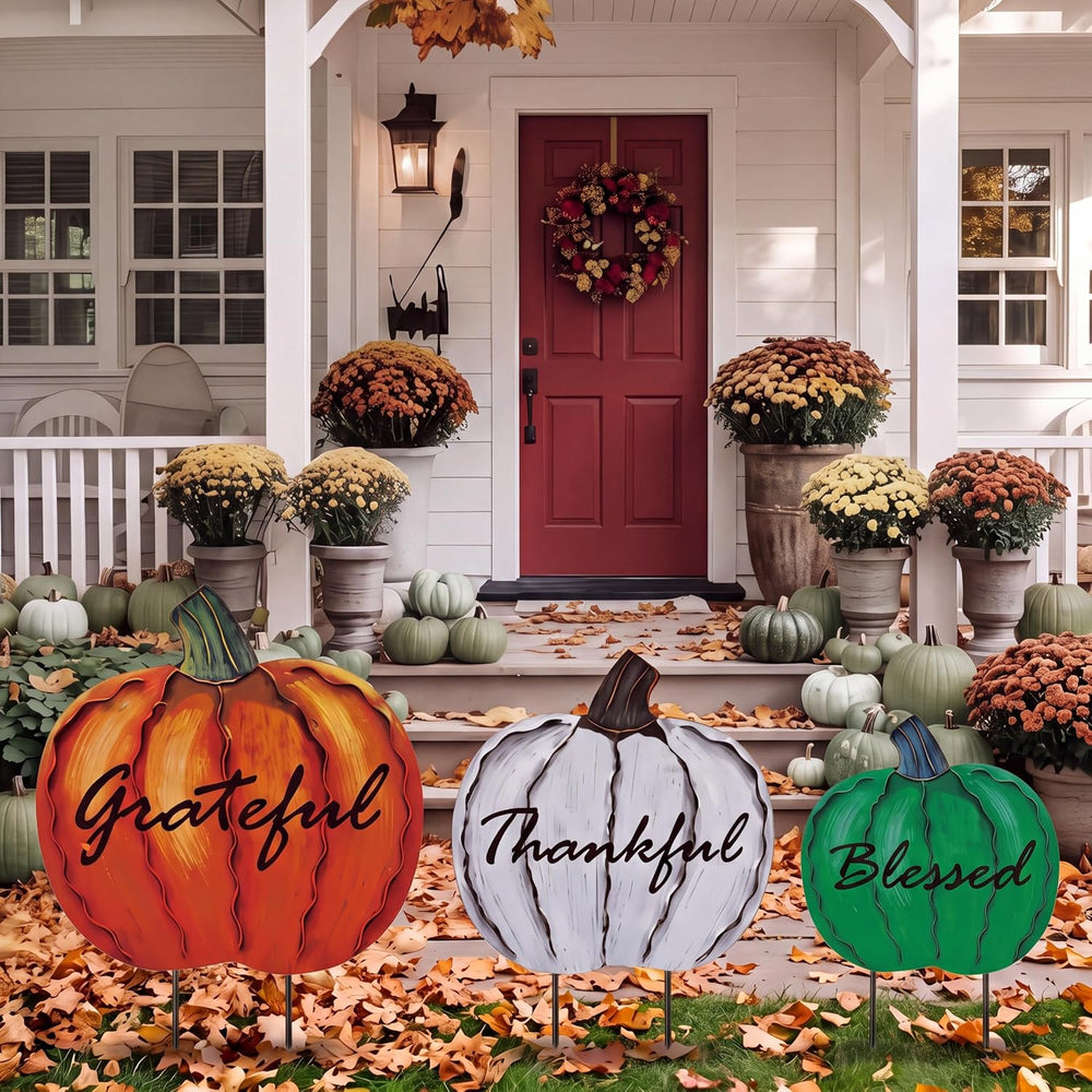 3 Pcs Thanksgiving Fall Outdoor Decor Metal Pumpkin Yard Stakes Decorations