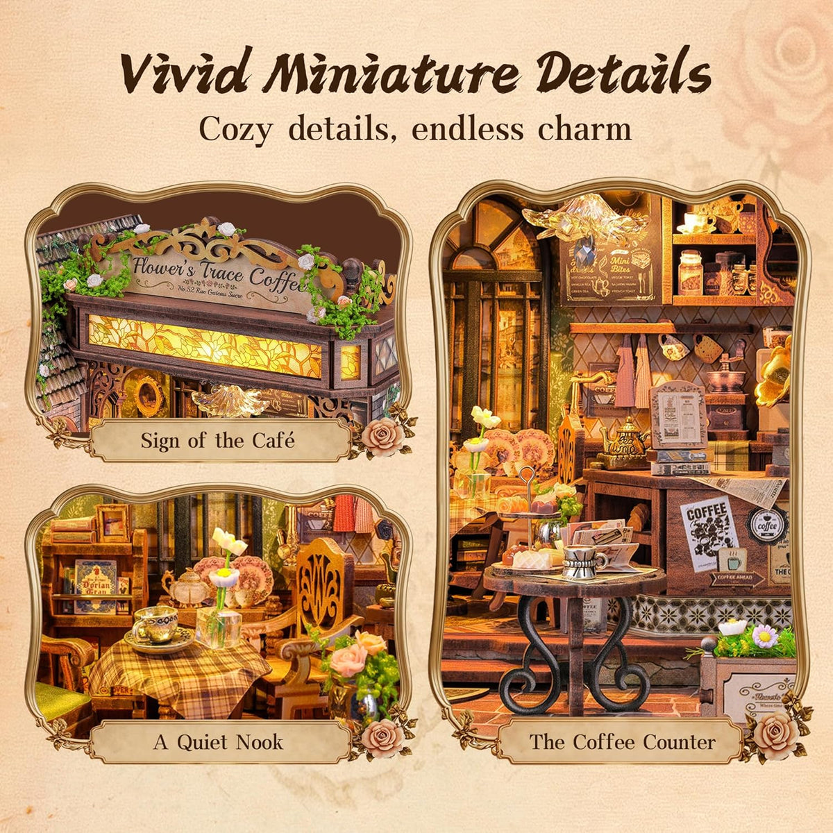 FUNPOLA Floral Mark Café DIY Miniature Dollhouse, 3D Wooden Puzzle Coffee Shop Model with Warm LED Light, Cozy Home Décor Gift for Adults